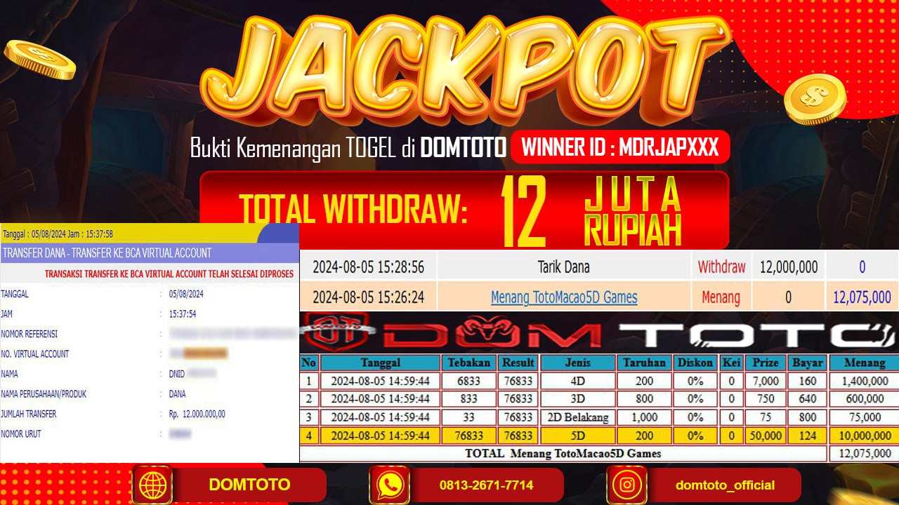 JACKPOT TOGEL TOTO MACAU 5D   05 AGUSTUS 2024
